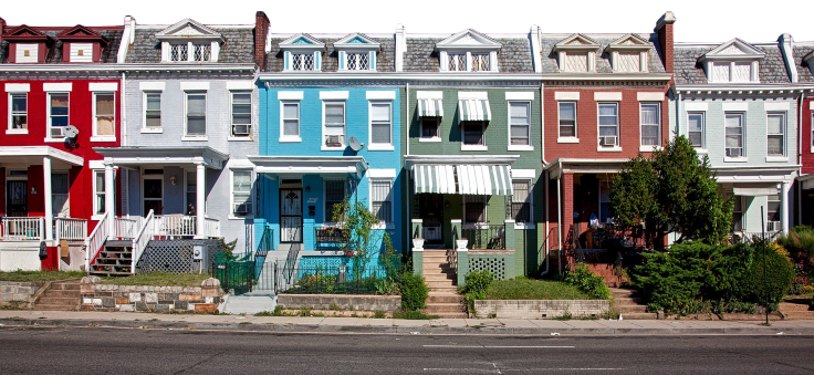 neighborhood street with rowhouses